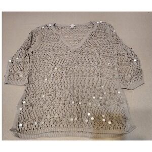 Chicos Size 1‎ Beige Crochet Knit Sequin V Neck 3/4 Sleeve Top Shirt Sweater